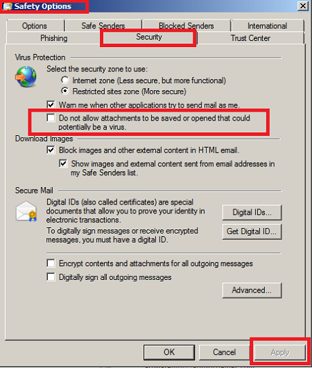 prohibited file type settings in live email